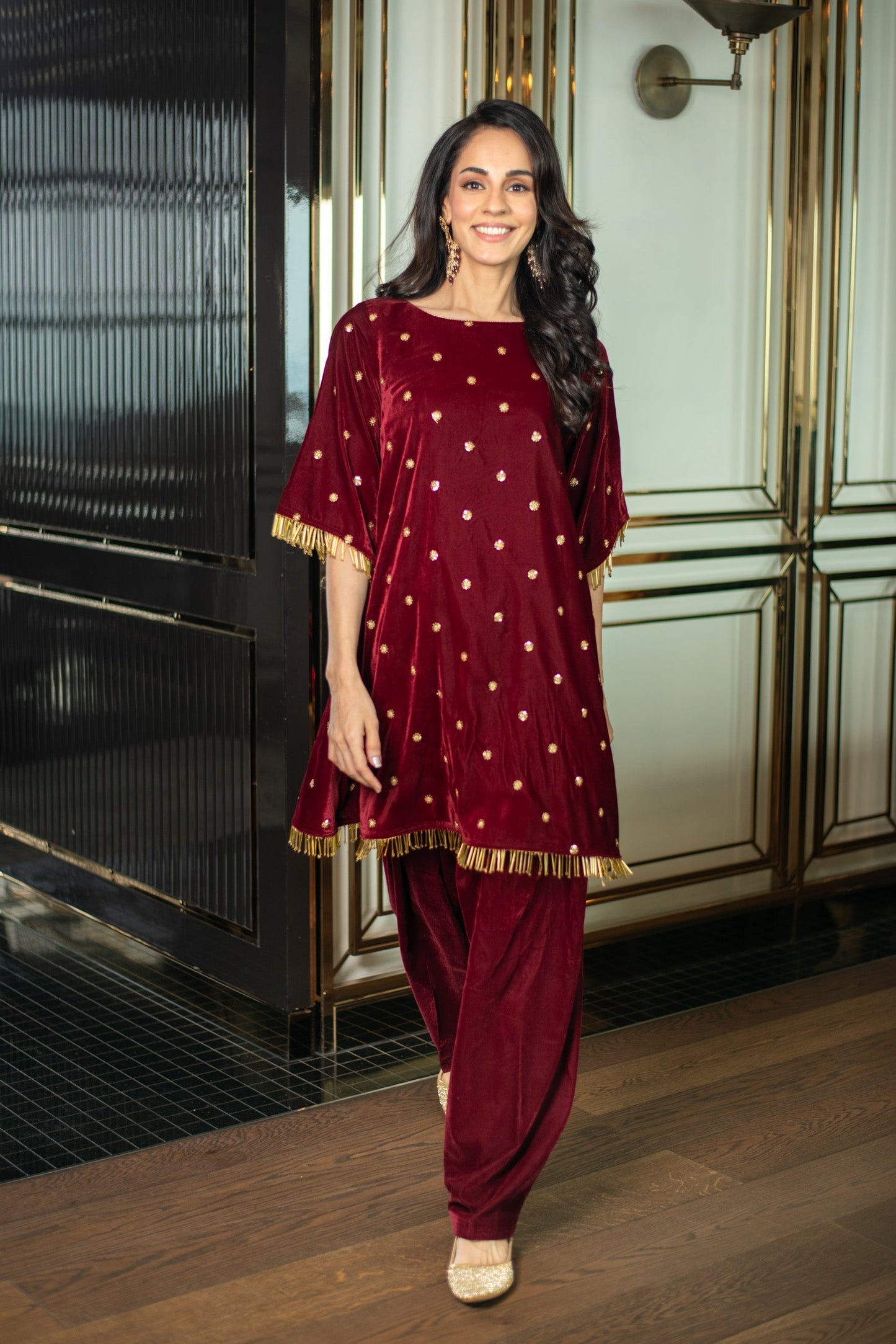 Women's Velvet Maroon Sequin Co-ord Set