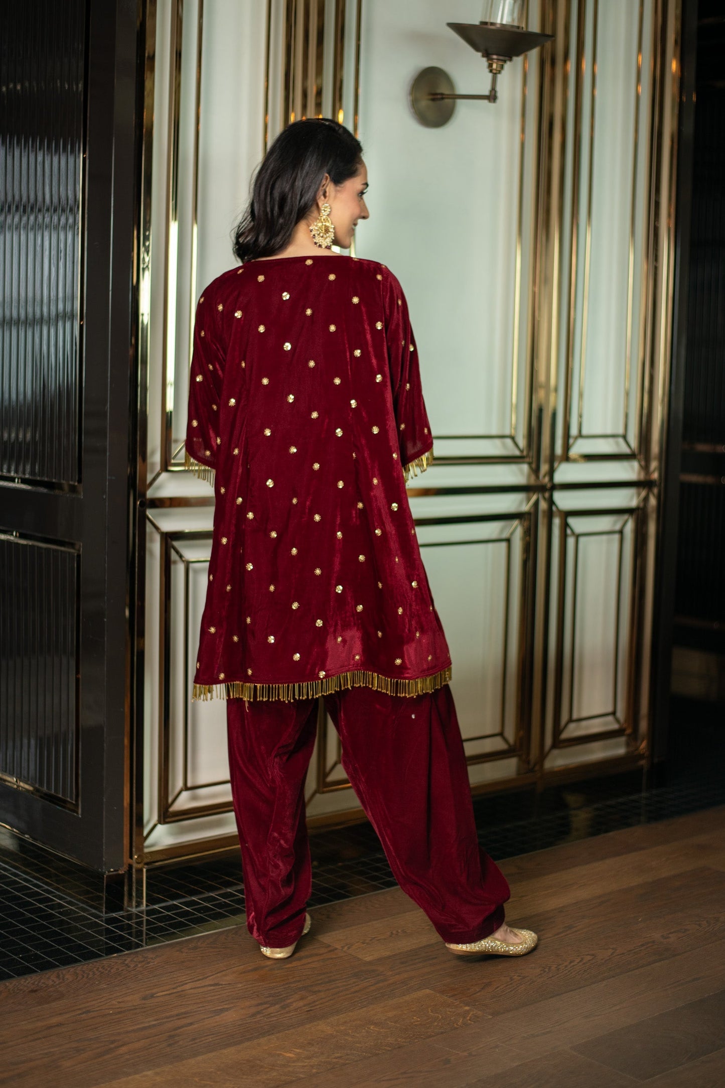 Women's Velvet Maroon Sequin Co-ord Set
