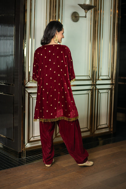 Women's Velvet Maroon Sequin Co-ord Set