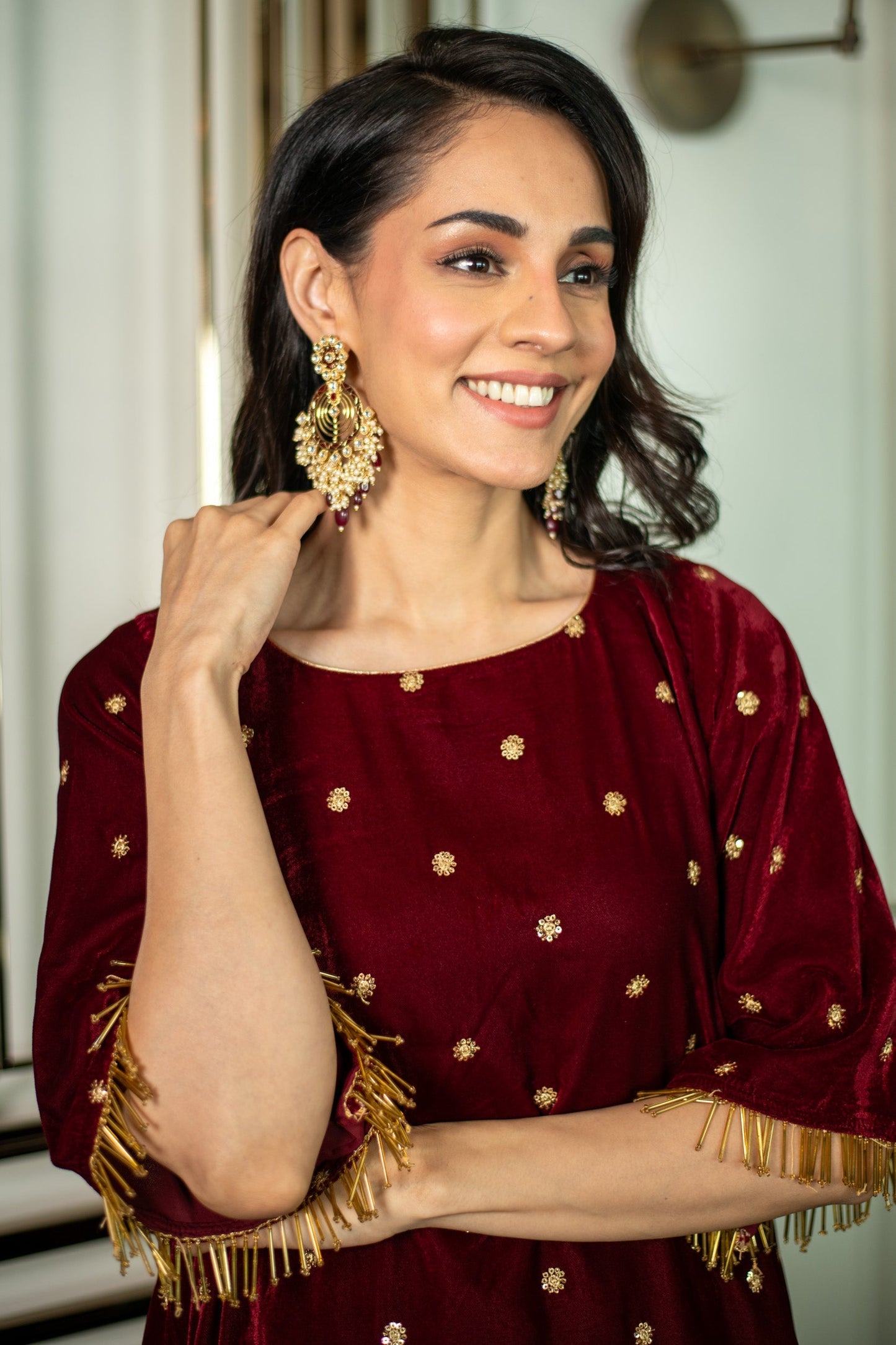 Women's Velvet Maroon Sequin Co-ord Set