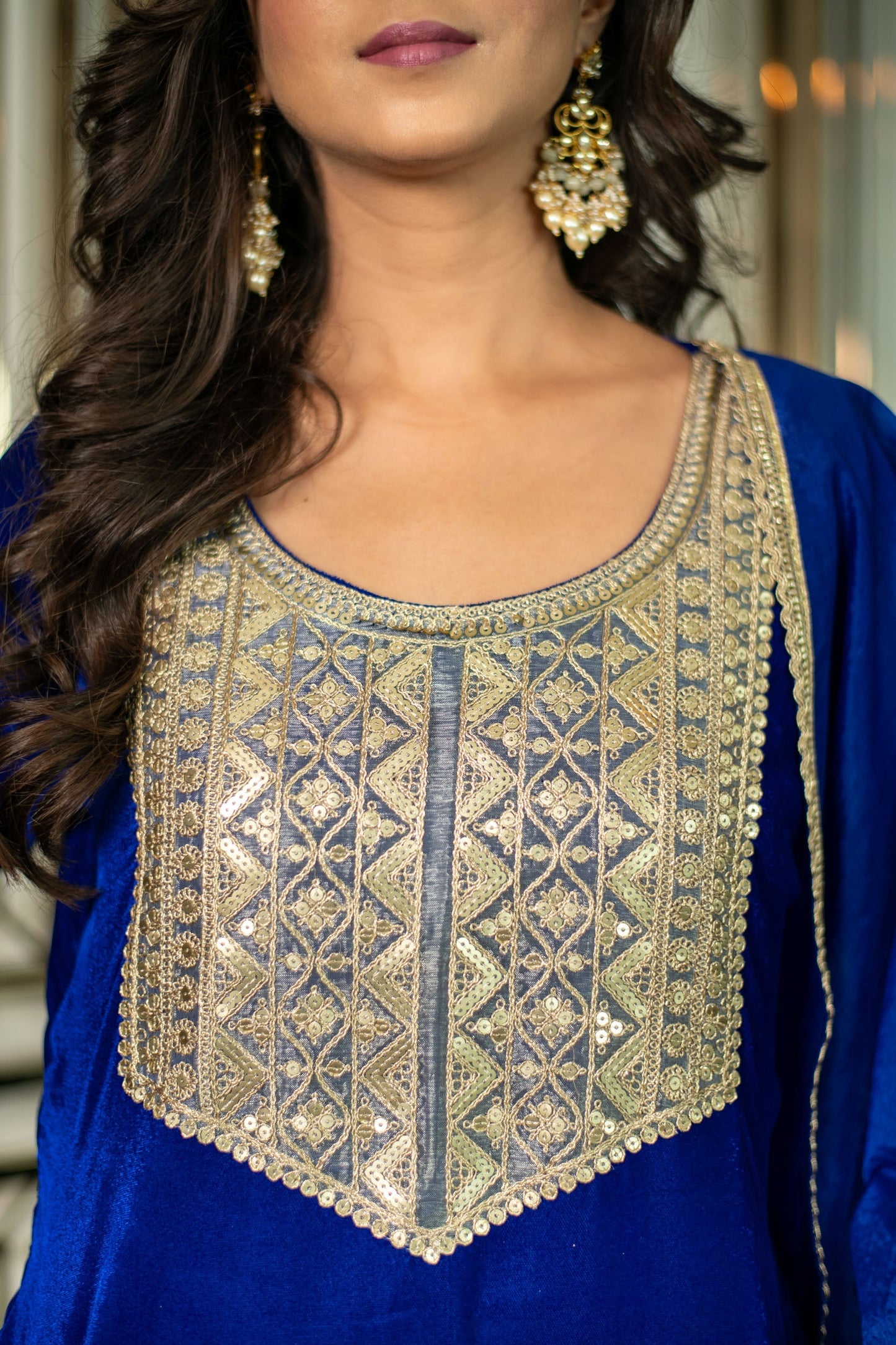 Women's Velvet Electric Bue Long Slit Kurta Set