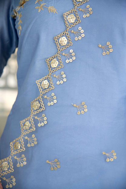 Women's Powder Blue Embellished Kurta Set (3pcs set)