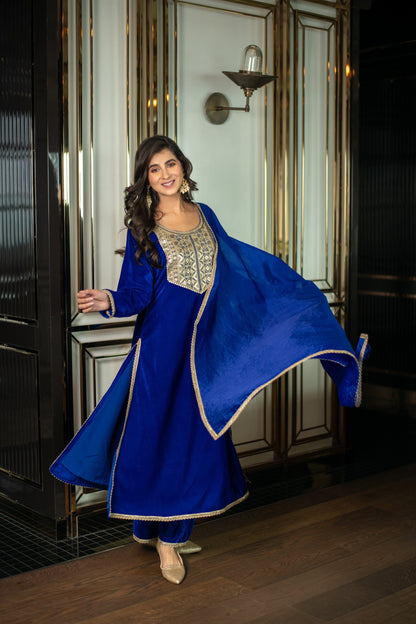 Women's Velvet Electric Bue Long Slit Kurta Set