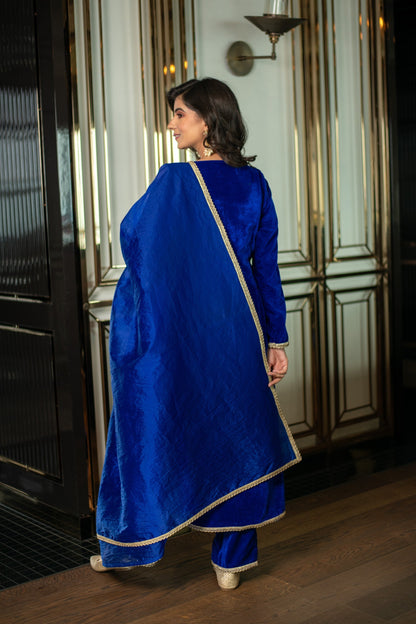 Women's Velvet Electric Bue Long Slit Kurta Set