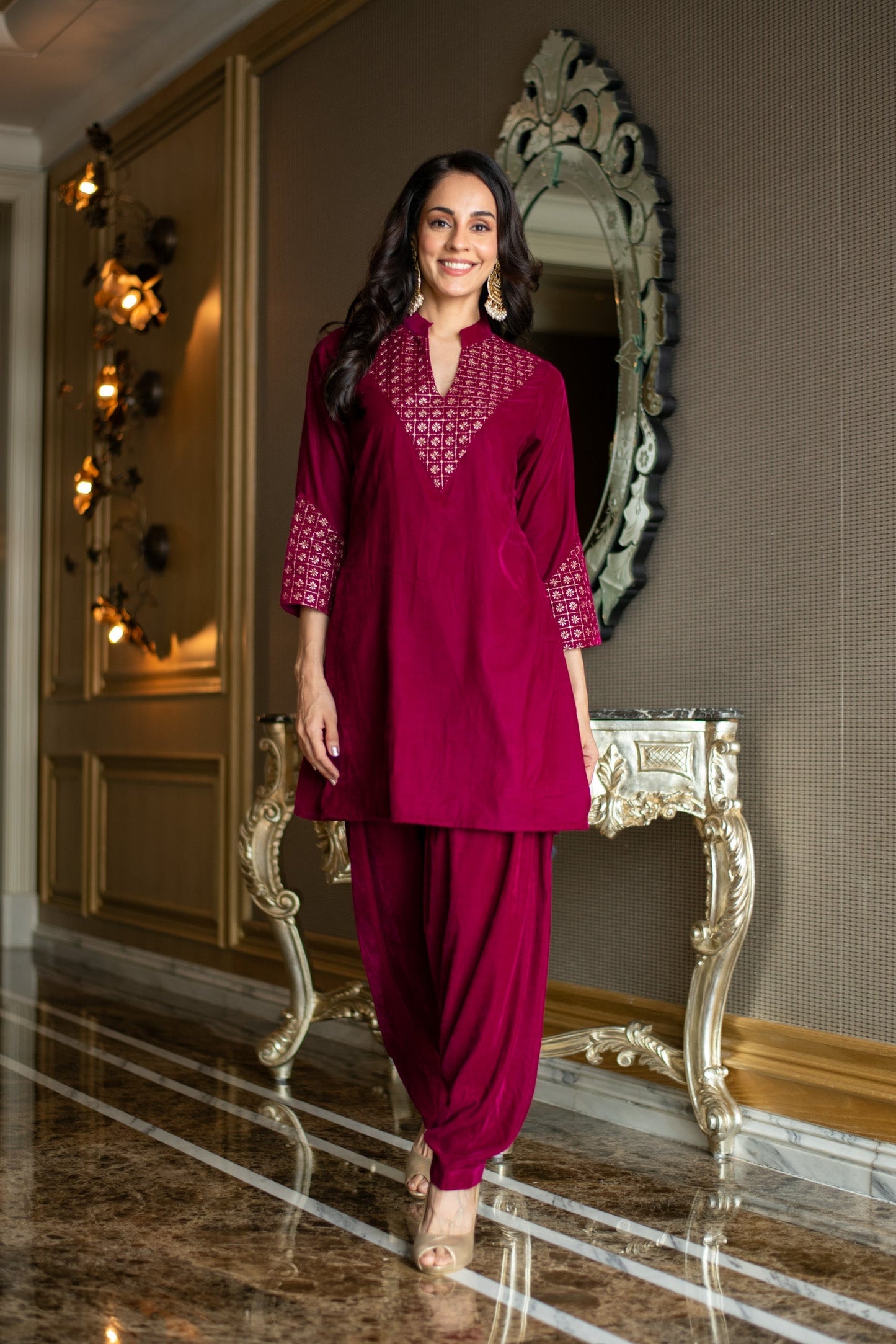 Women's Velvet Magenta Coord Set