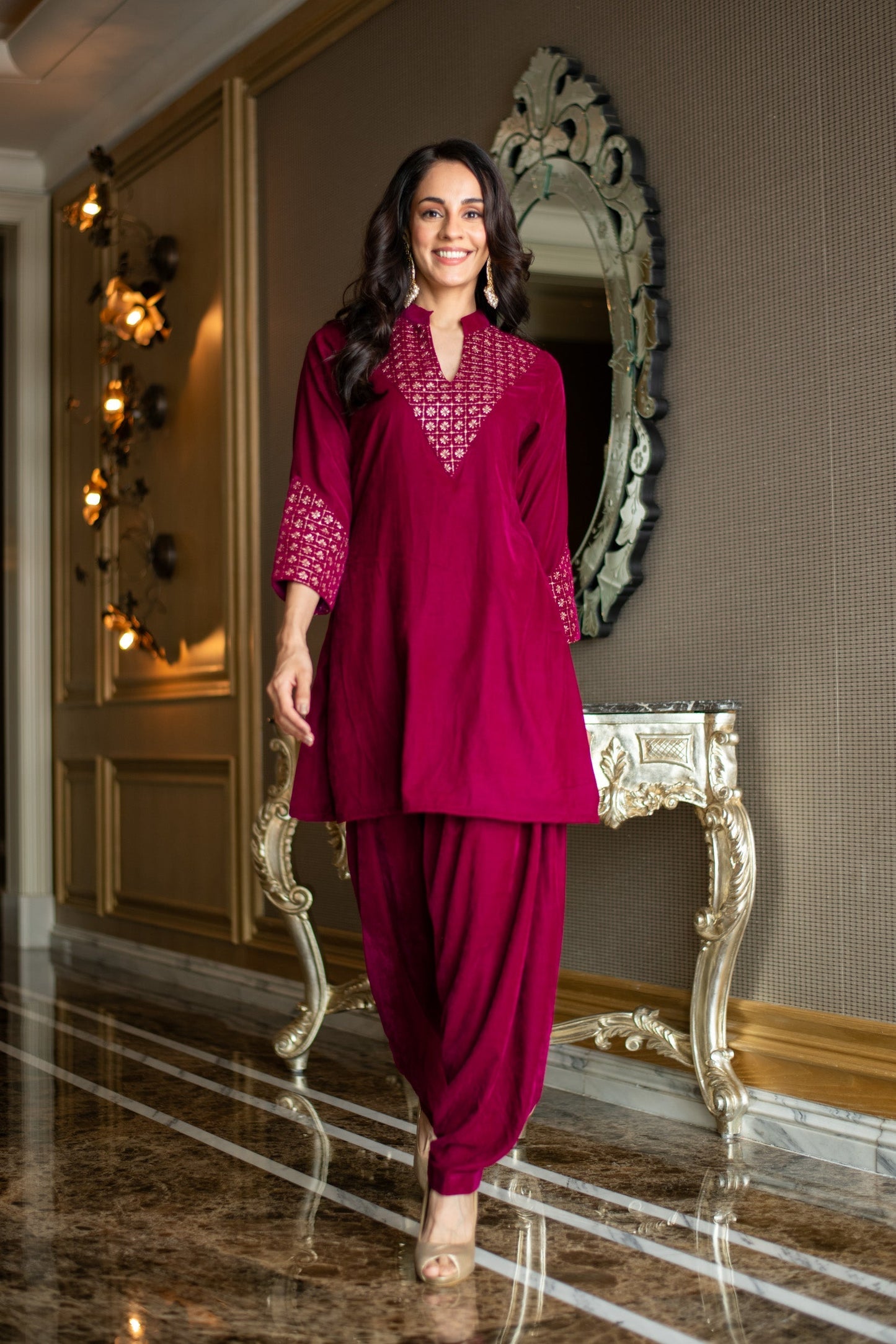 Women's Velvet Magenta Coord Set