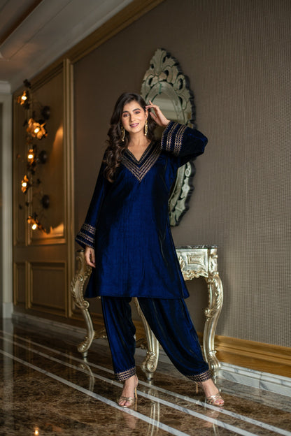 Women's Velvet Royal Blue Co-Ord Set