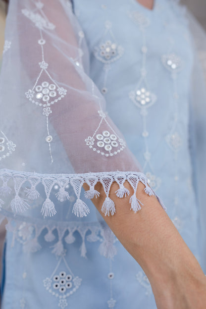 Women's Light Blue Organza Kurta With Palazzo And Dupatta (3 Pc Set)