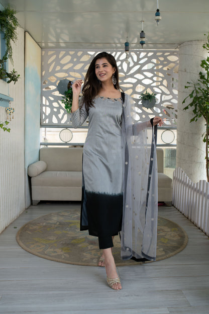 Women's Black And Grey Hand Work Kurta Set (3pcs Set)
