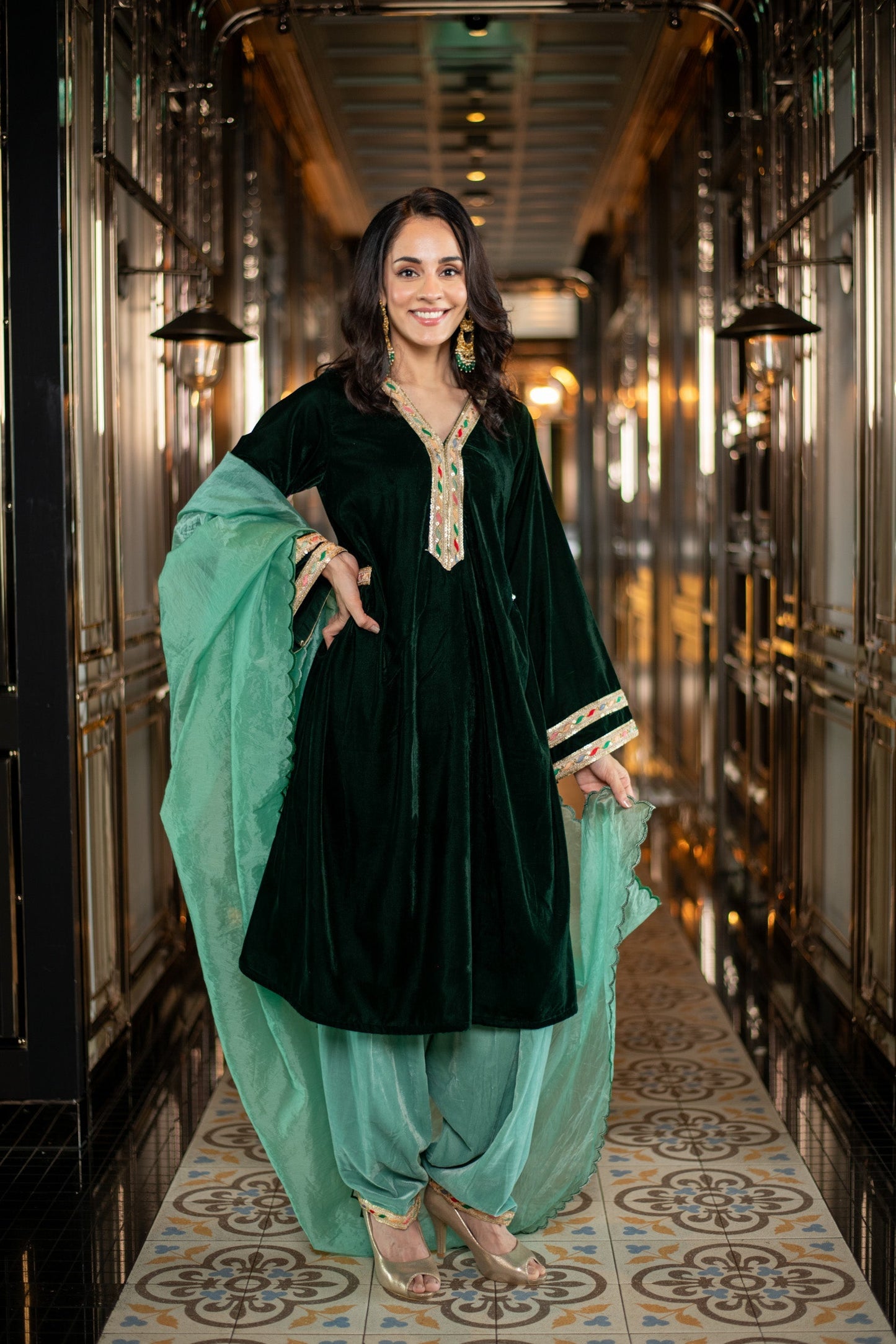 Women's Velvet Bottle Green and Mint Green Salwar Set
