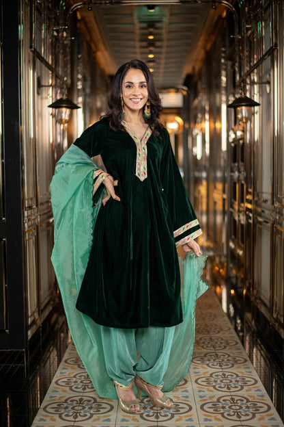 Women's Velvet Bottle Green and Mint Green Salwar Set