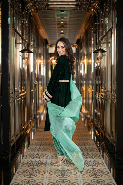 Women's Velvet Bottle Green and Mint Green Salwar Set
