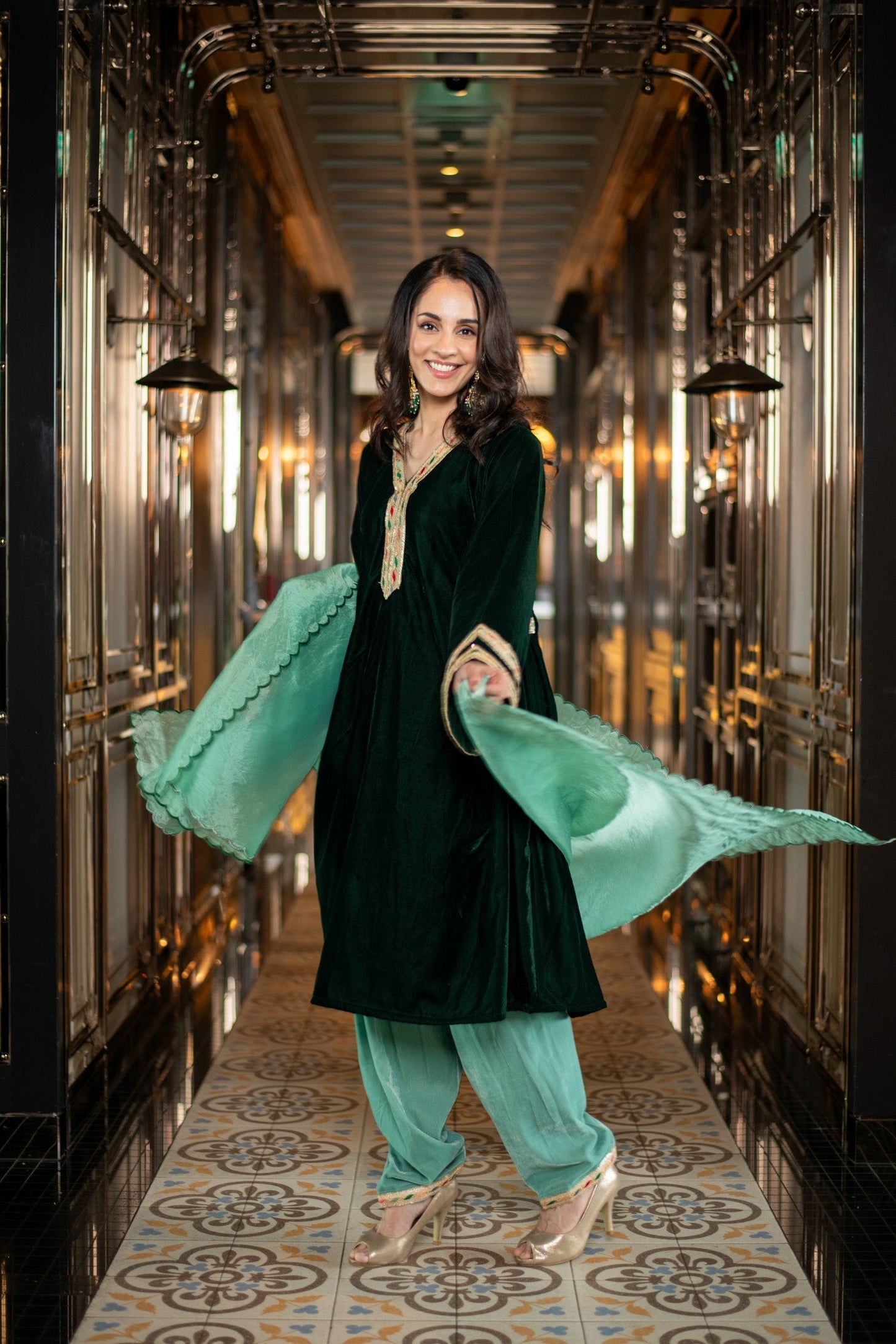 Women's Velvet Bottle Green and Mint Green Salwar Set