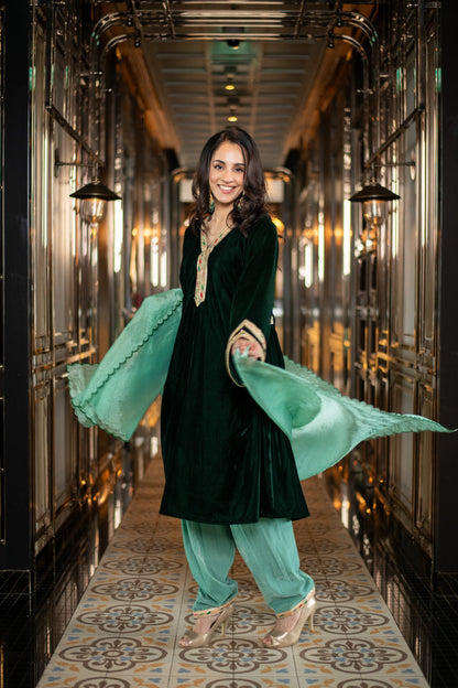 Women's Velvet Bottle Green and Mint Green Salwar Set