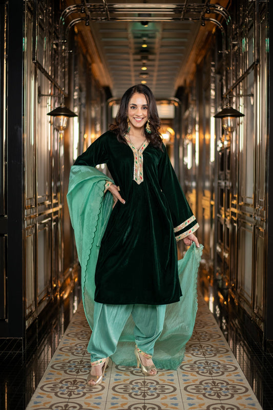 Women's Velvet Bottle Green and Mint Green Salwar Set