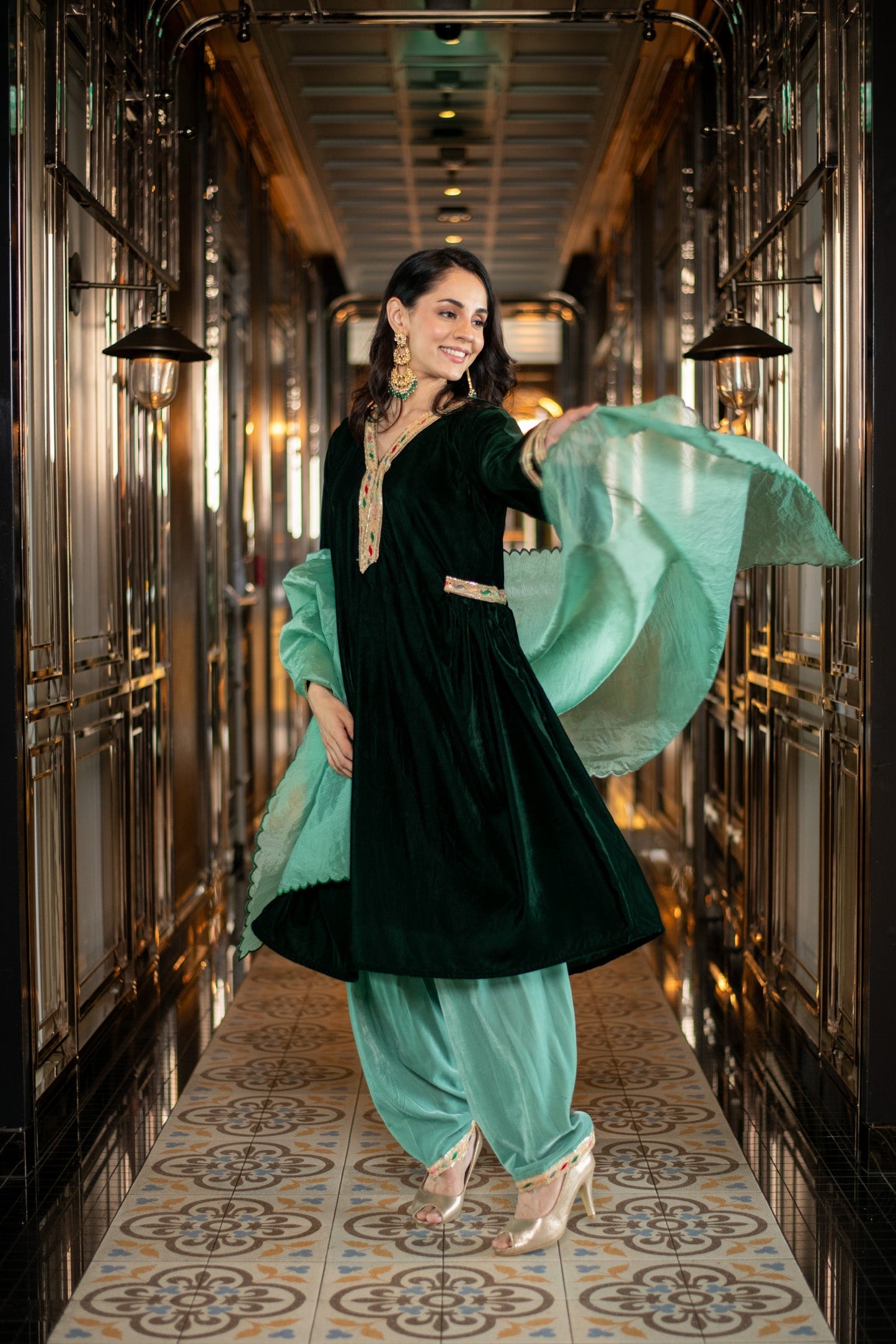 Women's Velvet Bottle Green and Mint Green Salwar Set