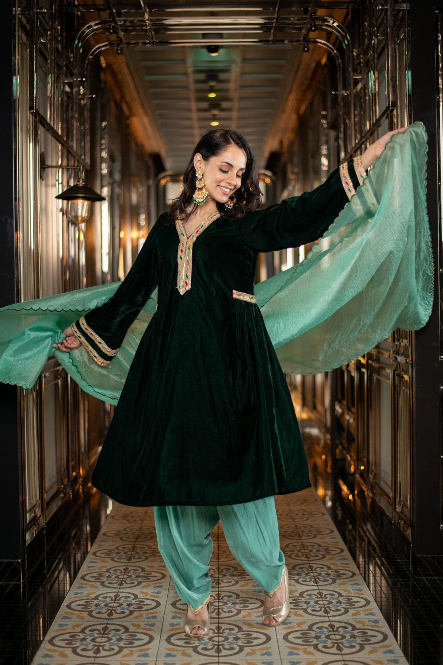 Women's Velvet Bottle Green and Mint Green Salwar Set