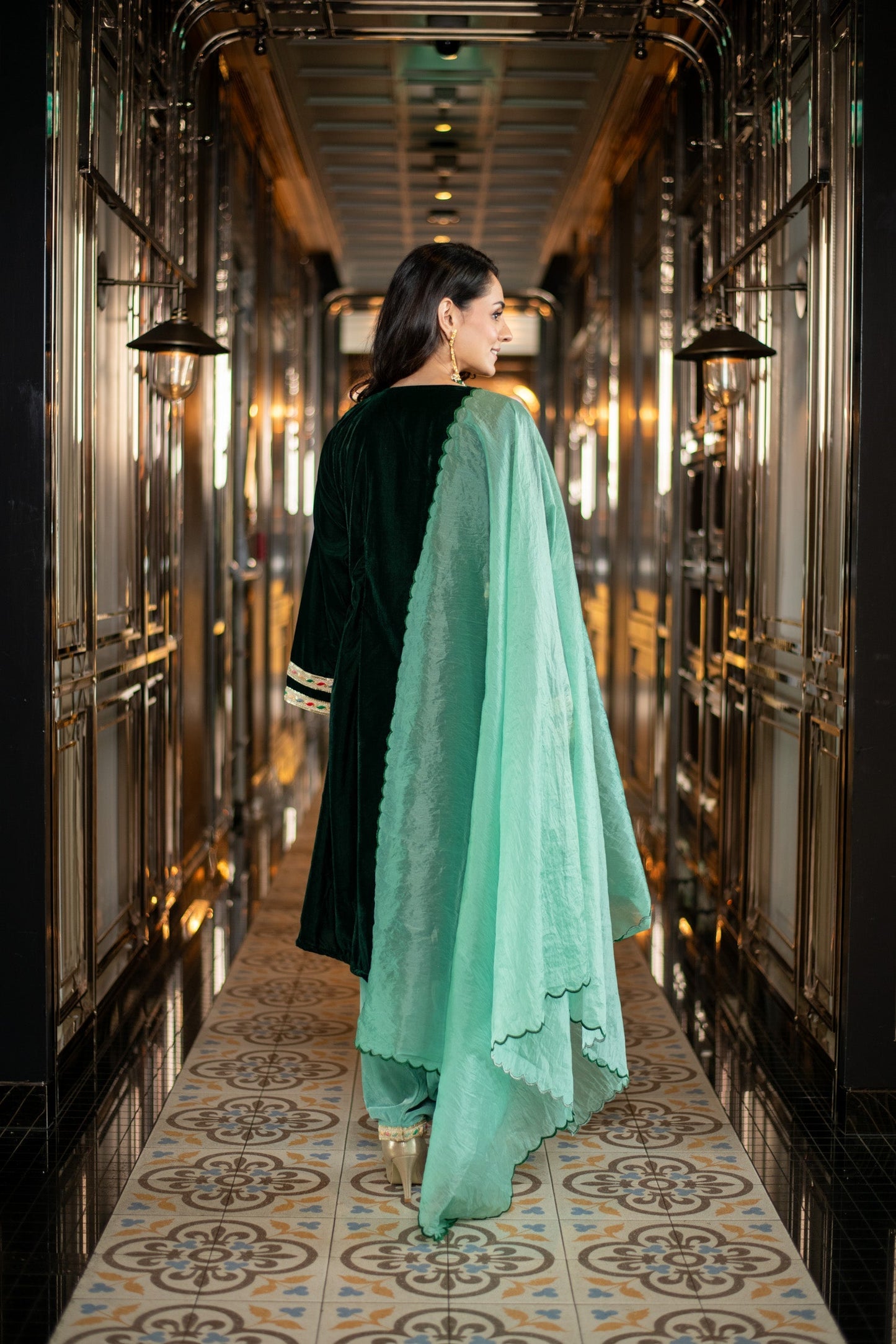 Women's Velvet Bottle Green and Mint Green Salwar Set