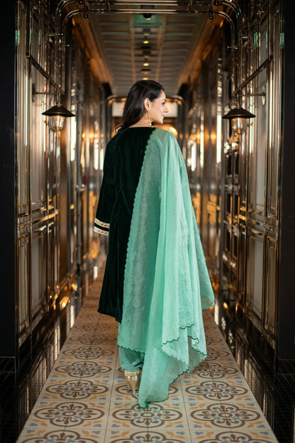Women's Velvet Bottle Green and Mint Green Salwar Set
