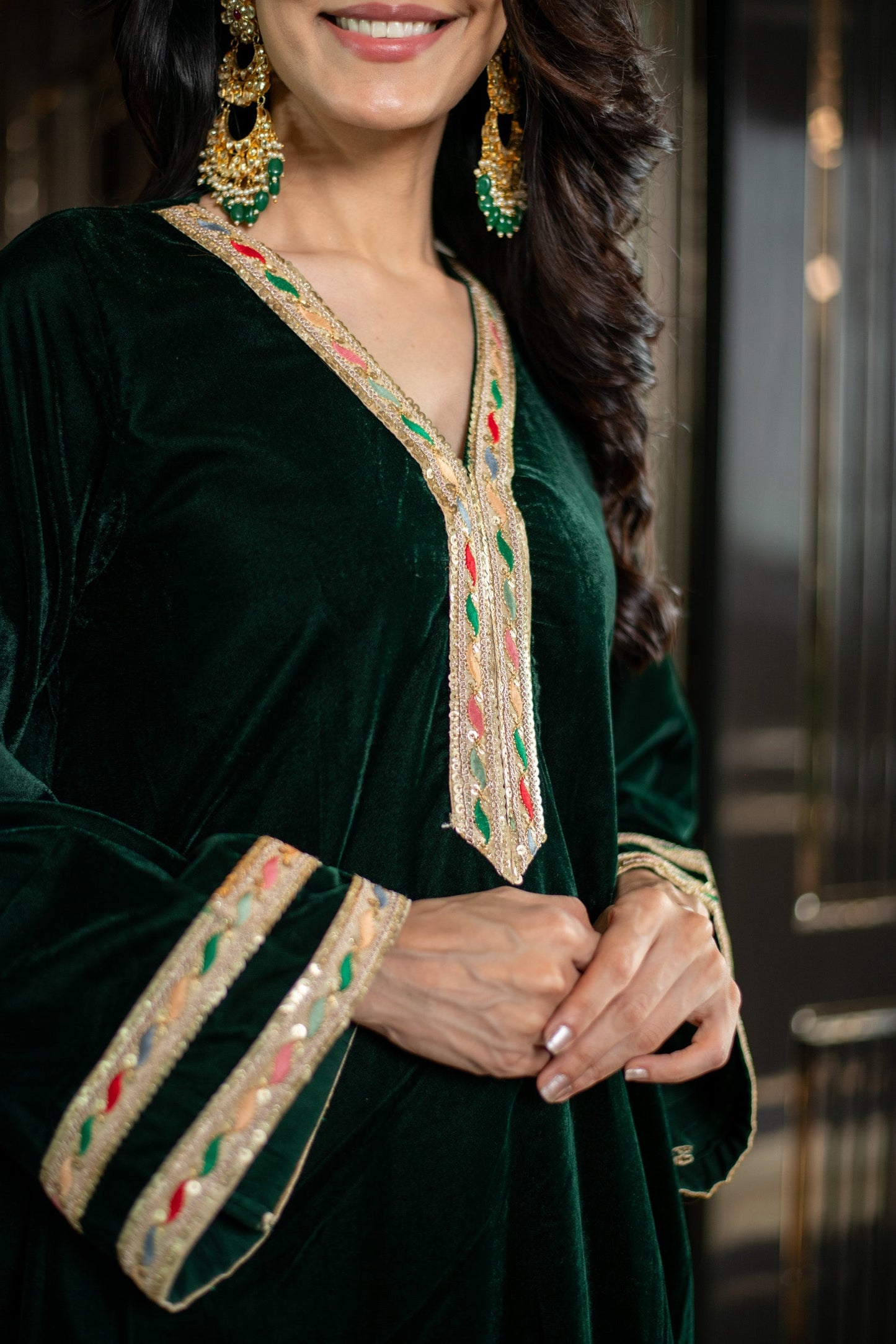 Women's Velvet Bottle Green and Mint Green Salwar Set