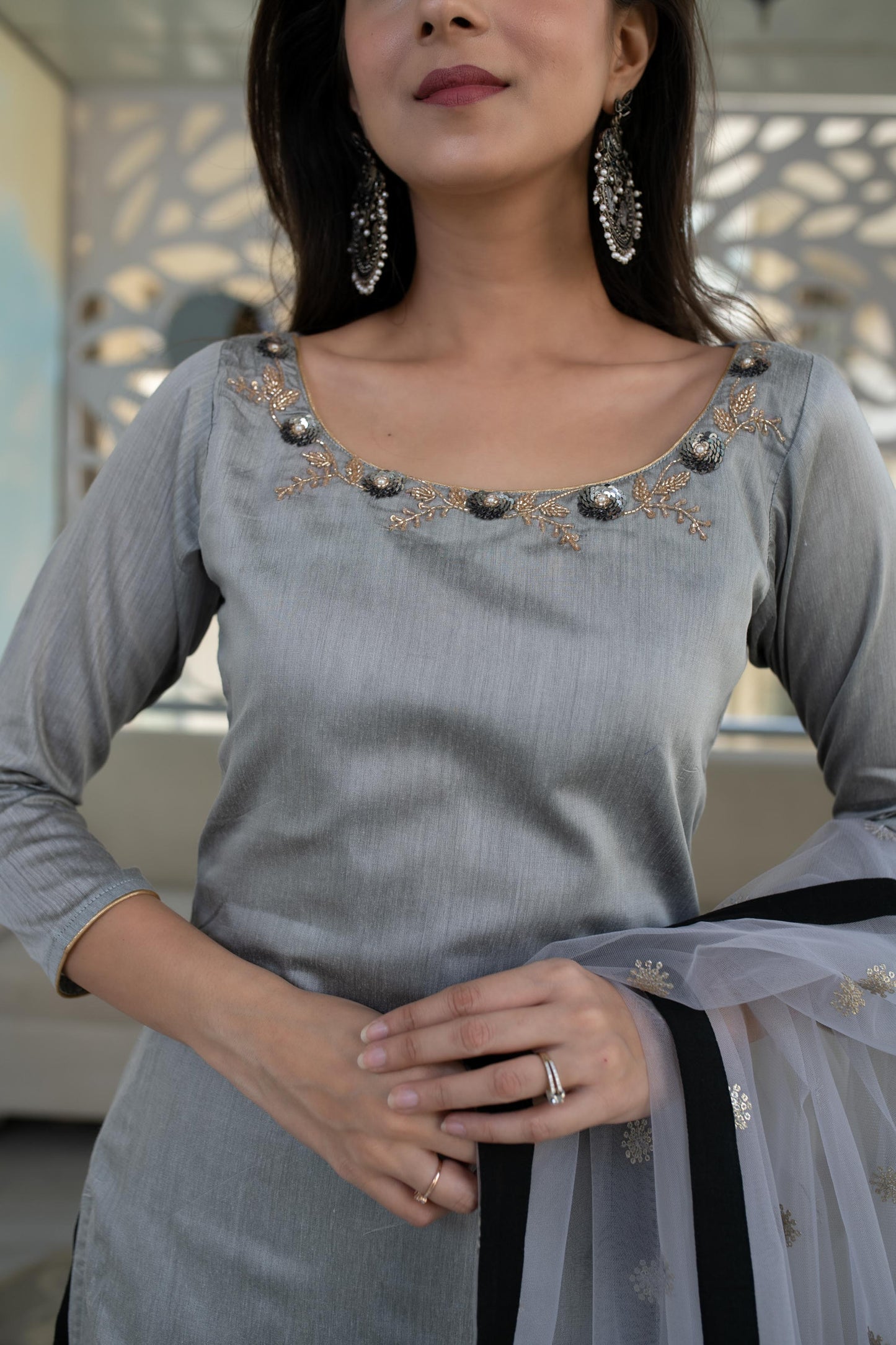 Women's Black And Grey Hand Work Kurta Set (3pcs Set)