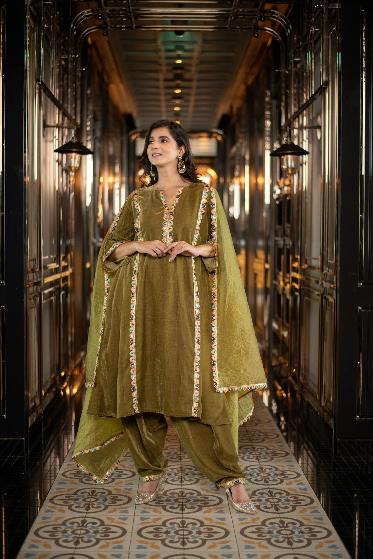 Women's Velvet Olive Green Salwar Set