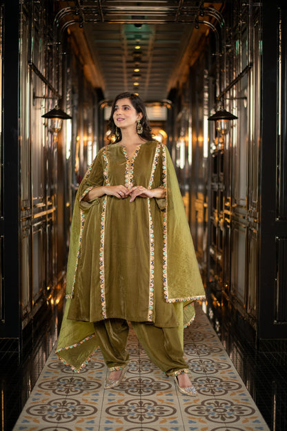 Women's Velvet Olive Green Salwar Set