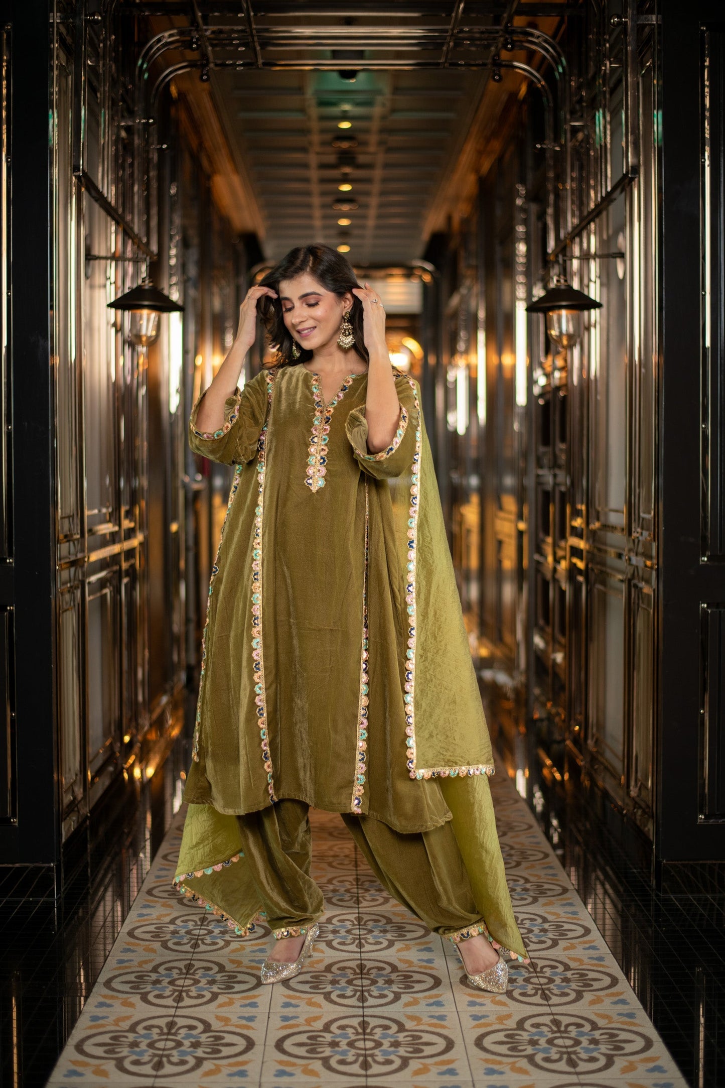 Women's Velvet Olive Green Salwar Set