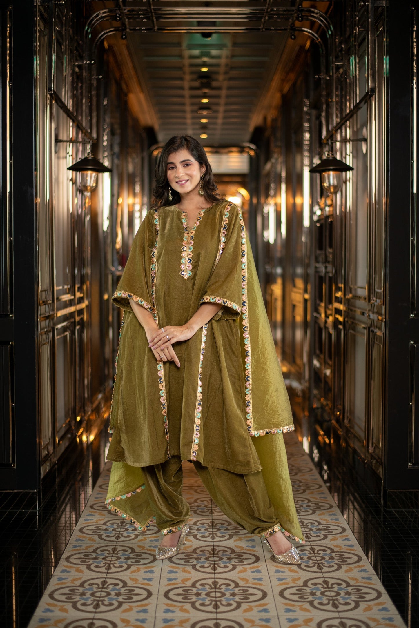 Women's Velvet Olive Green Salwar Set