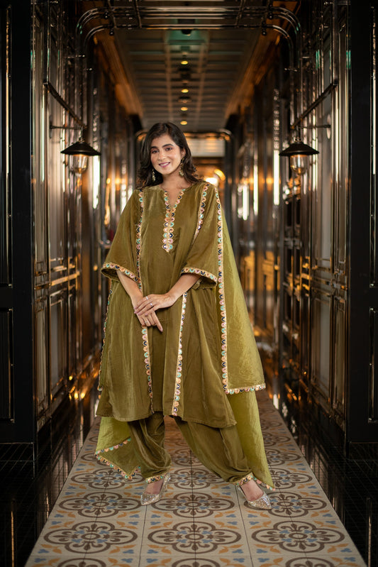 Women's Velvet Olive Green Salwar Set
