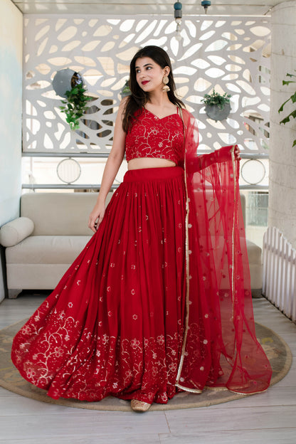 Women's Red Daman Work Lehenga (3 Pc Set)
