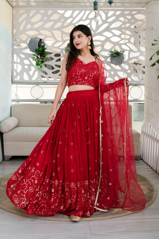 Women's Red Daman Work Lehenga (3 Pc Set)