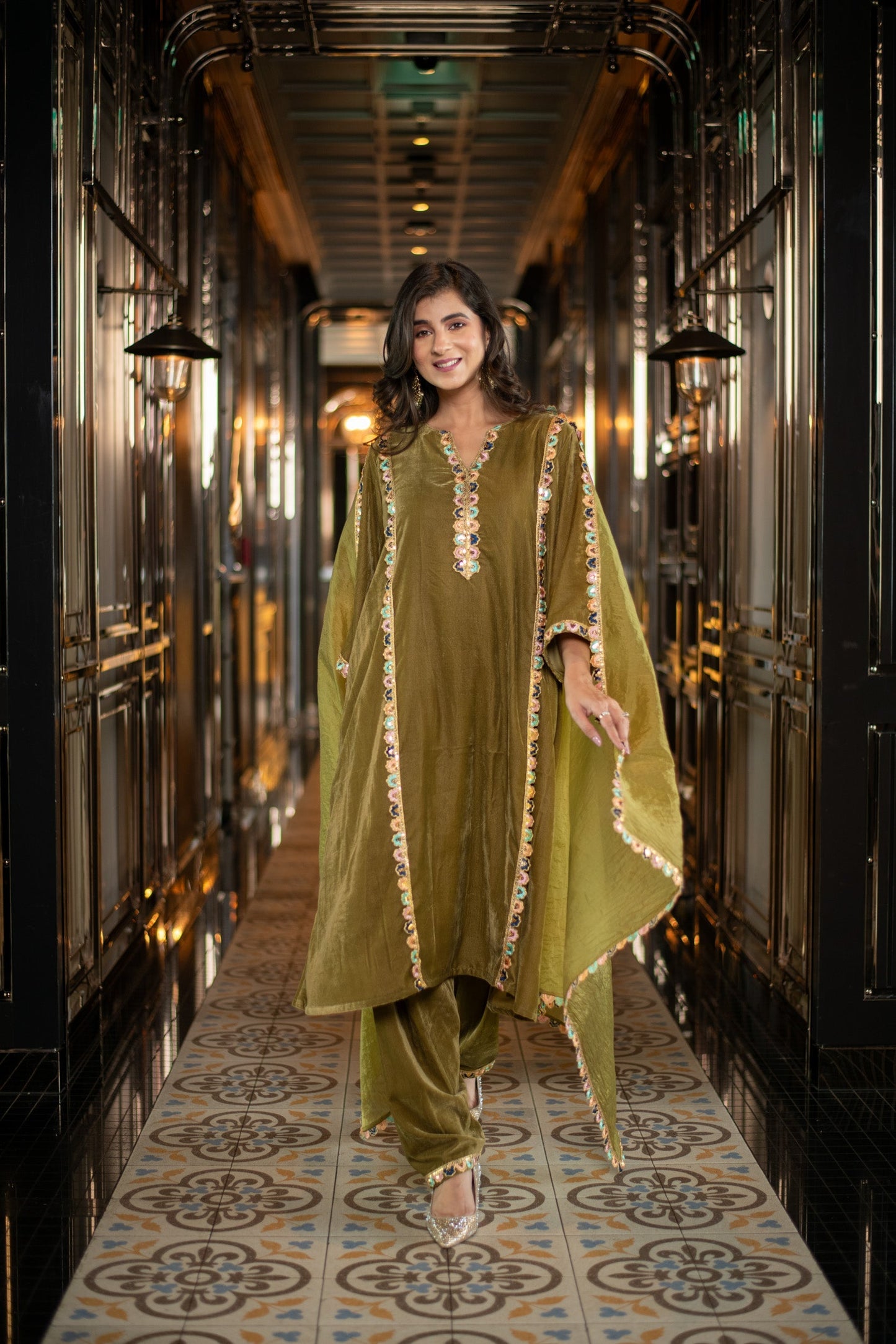 Women's Velvet Olive Green Salwar Set