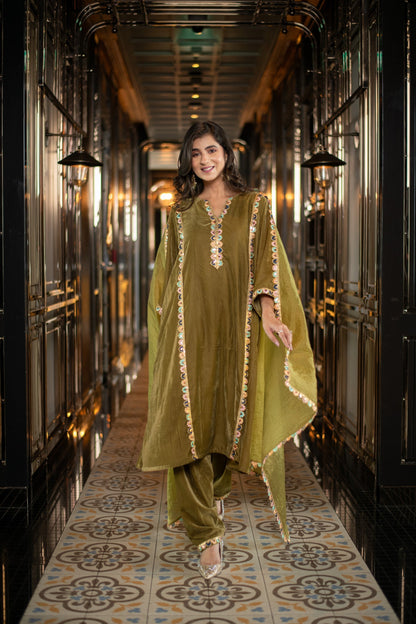 Women's Velvet Olive Green Salwar Set
