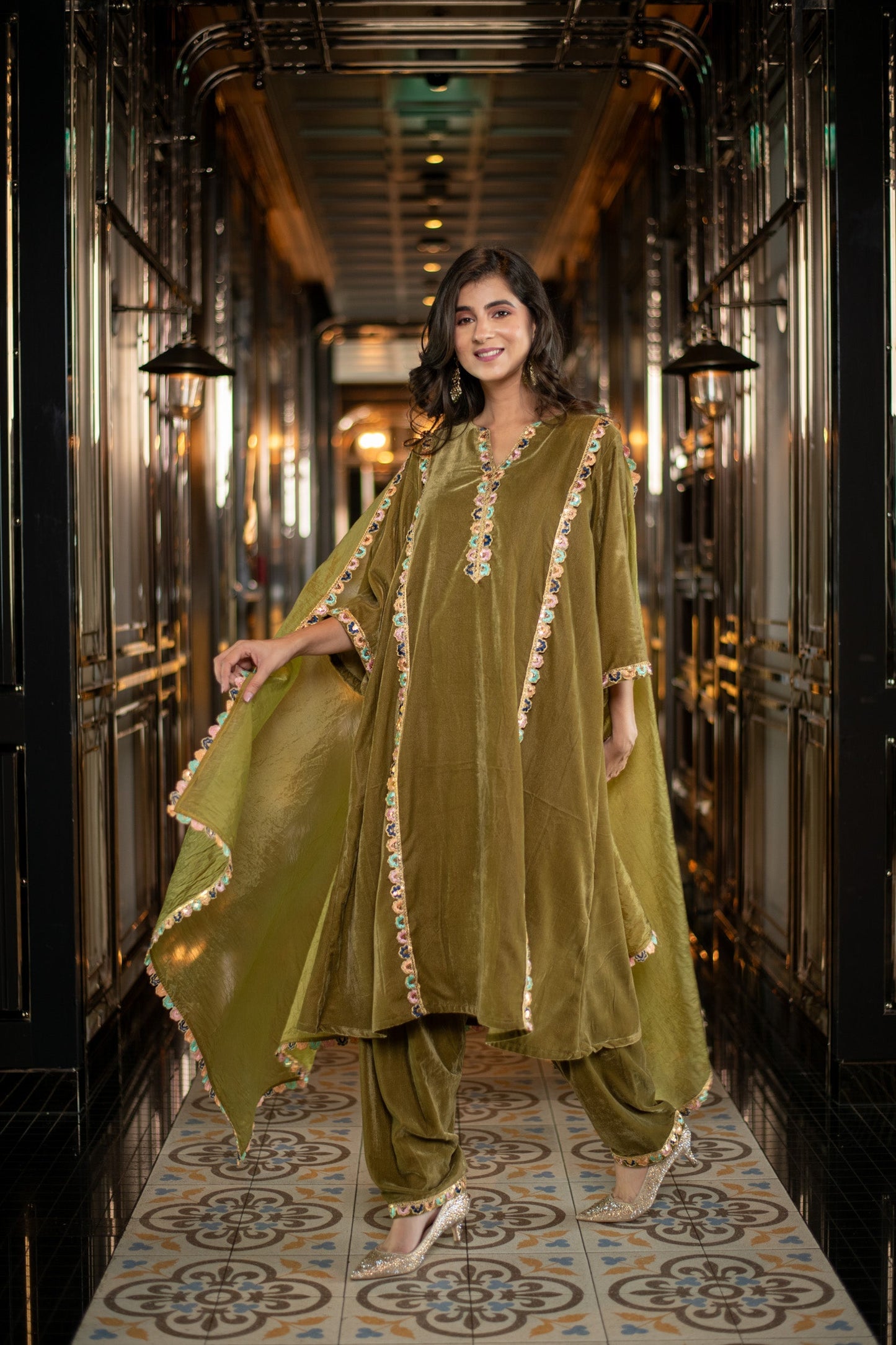 Women's Velvet Olive Green Salwar Set
