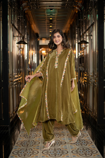 Women's Velvet Olive Green Salwar Set