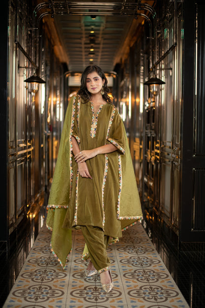 Women's Velvet Olive Green Salwar Set