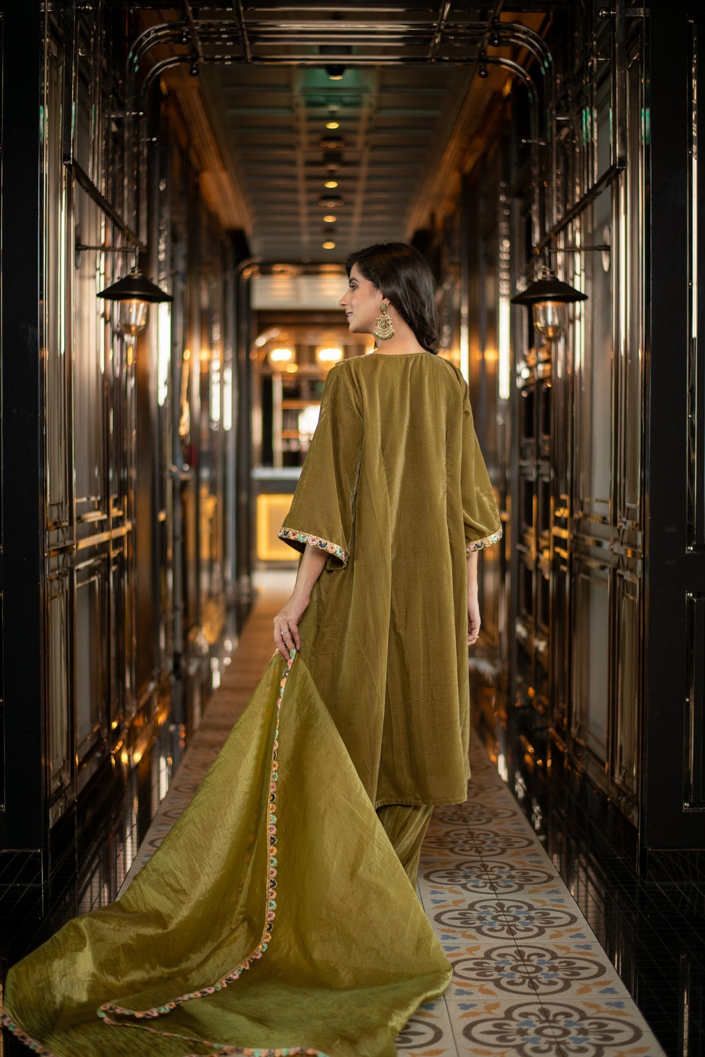 Women's Velvet Olive Green Salwar Set