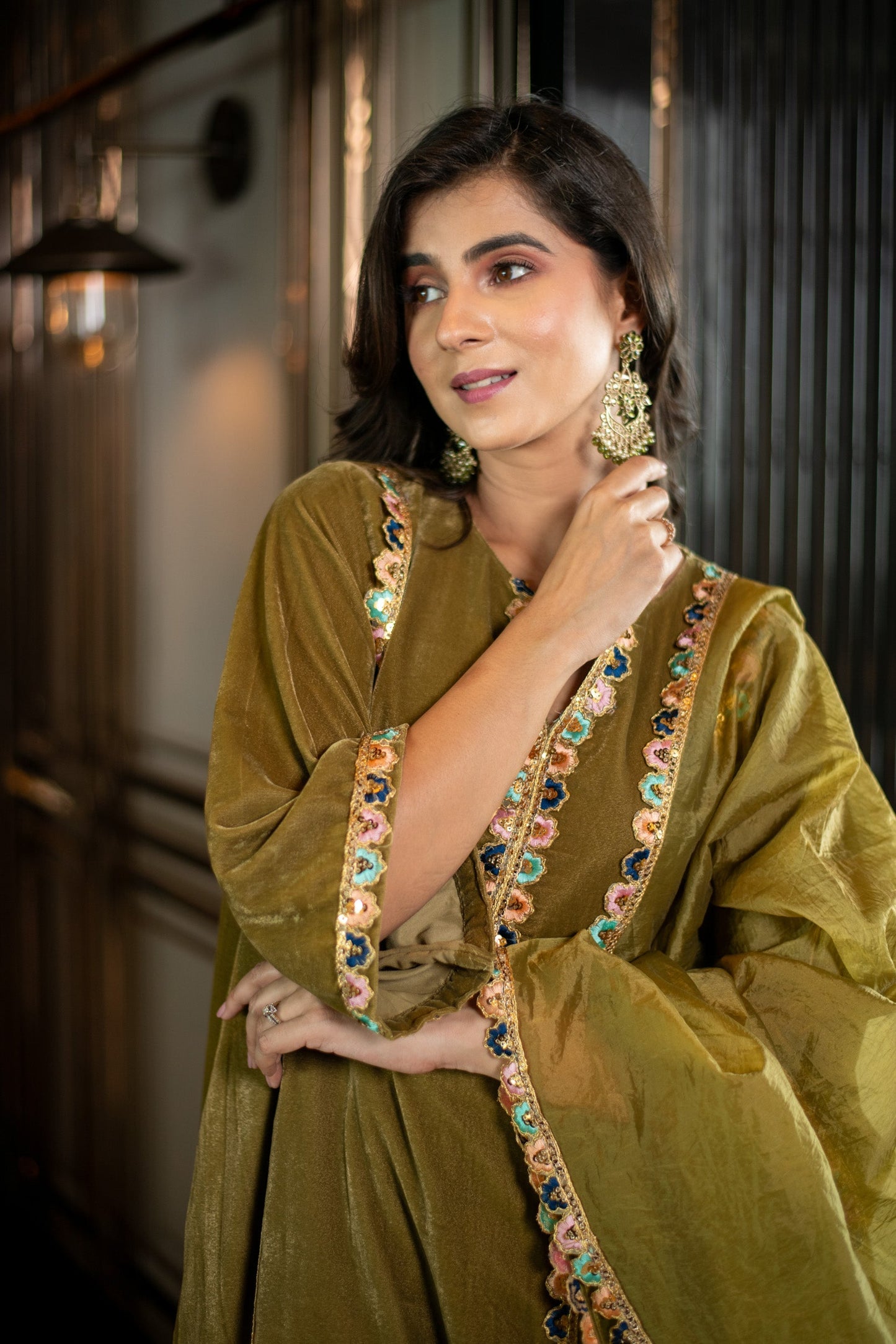 Women's Velvet Olive Green Salwar Set