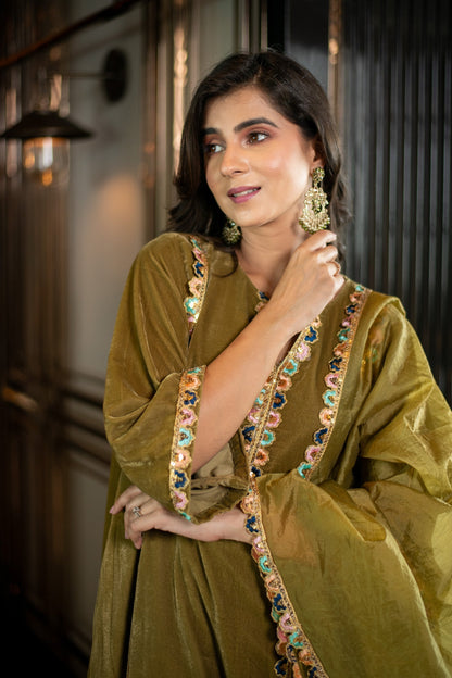 Women's Velvet Olive Green Salwar Set