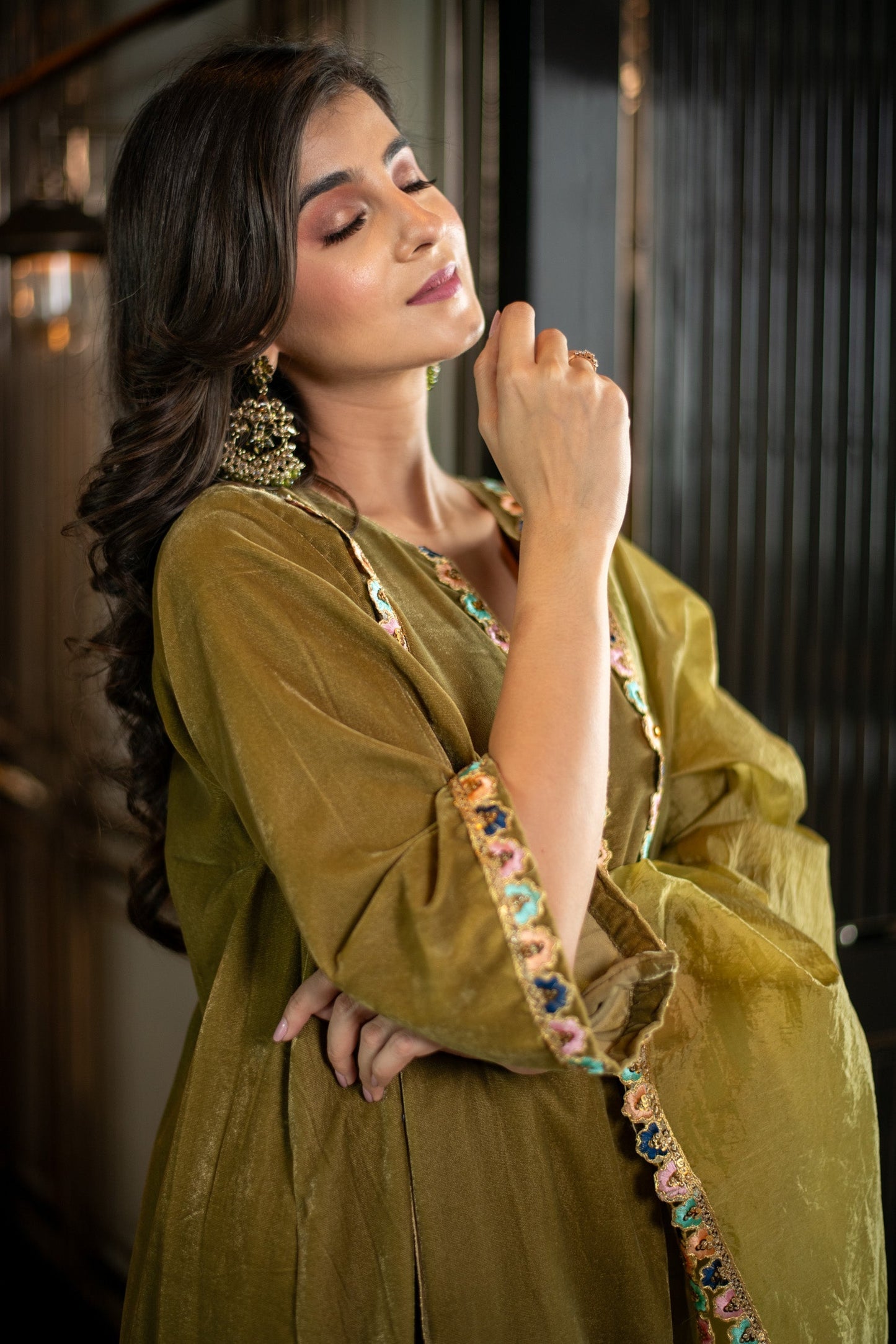 Women's Velvet Olive Green Salwar Set