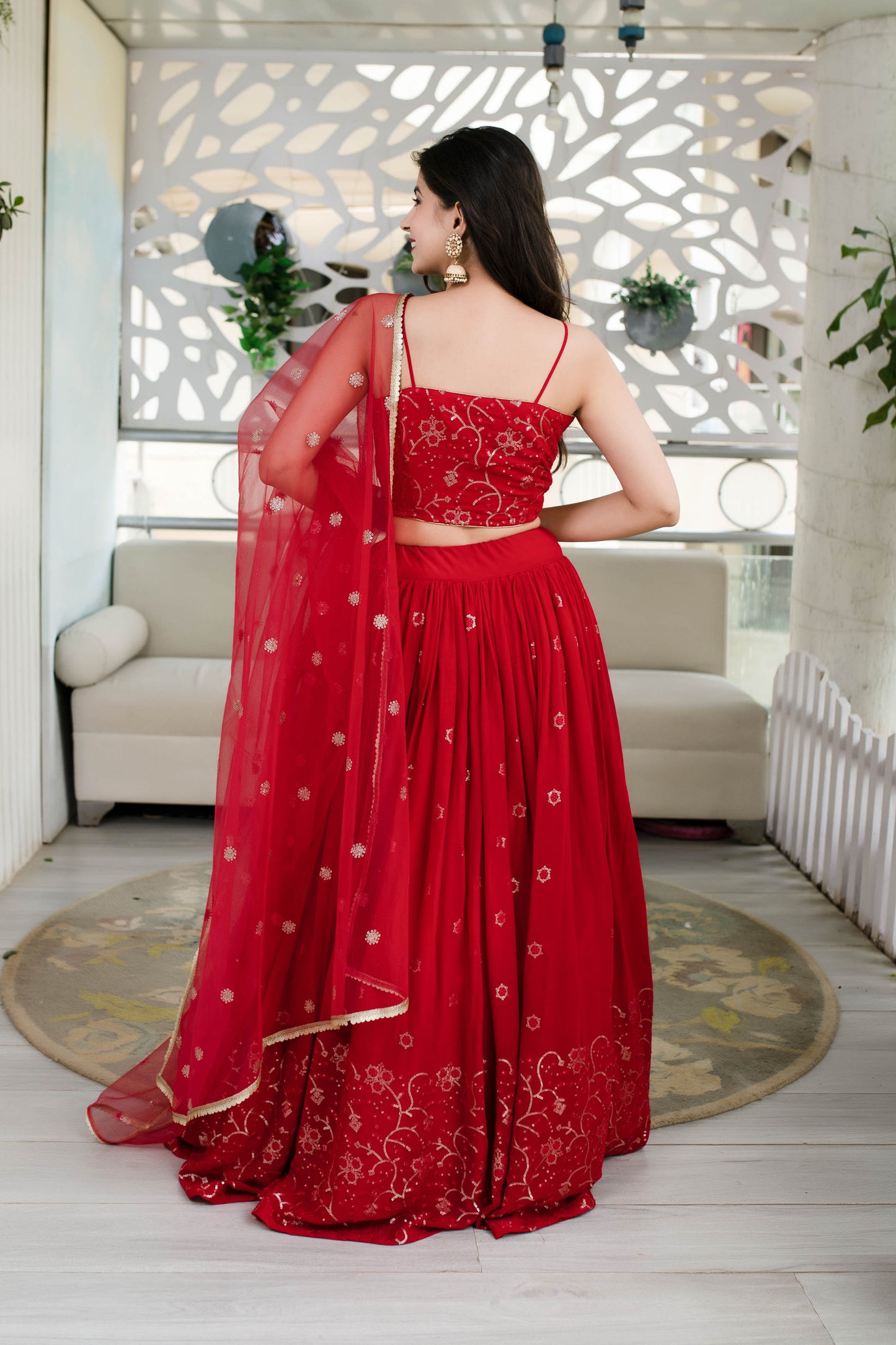 Women's Red Daman Work Lehenga (3 Pc Set)