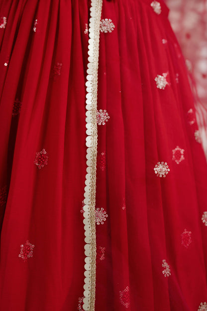 Women's Red Daman Work Lehenga (3 Pc Set)