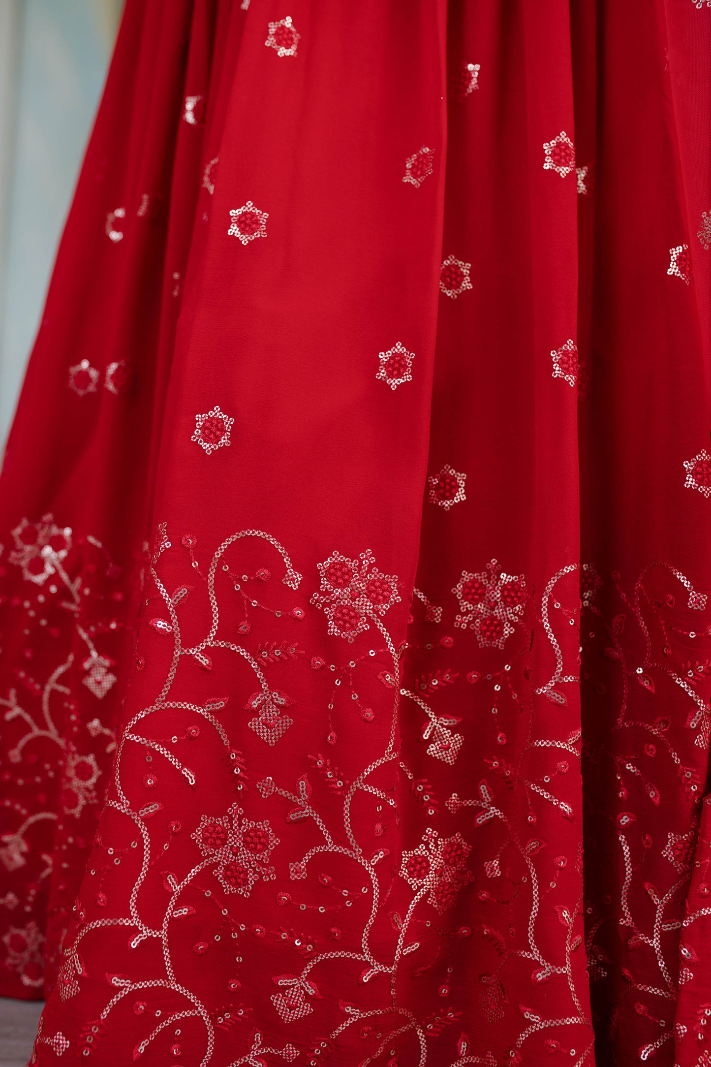 Women's Red Daman Work Lehenga (3 Pc Set)