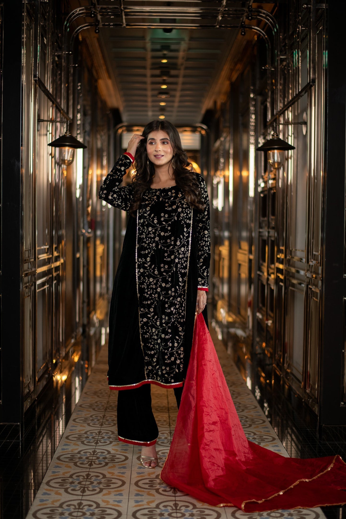 Women's Velvet Black Pannel Kurta Set
