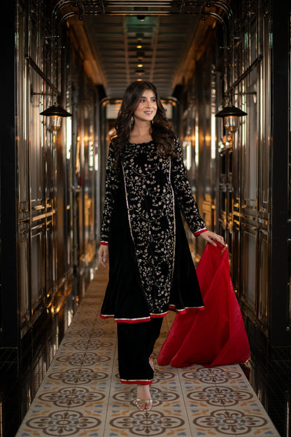 Women's Velvet Black Pannel Kurta Set