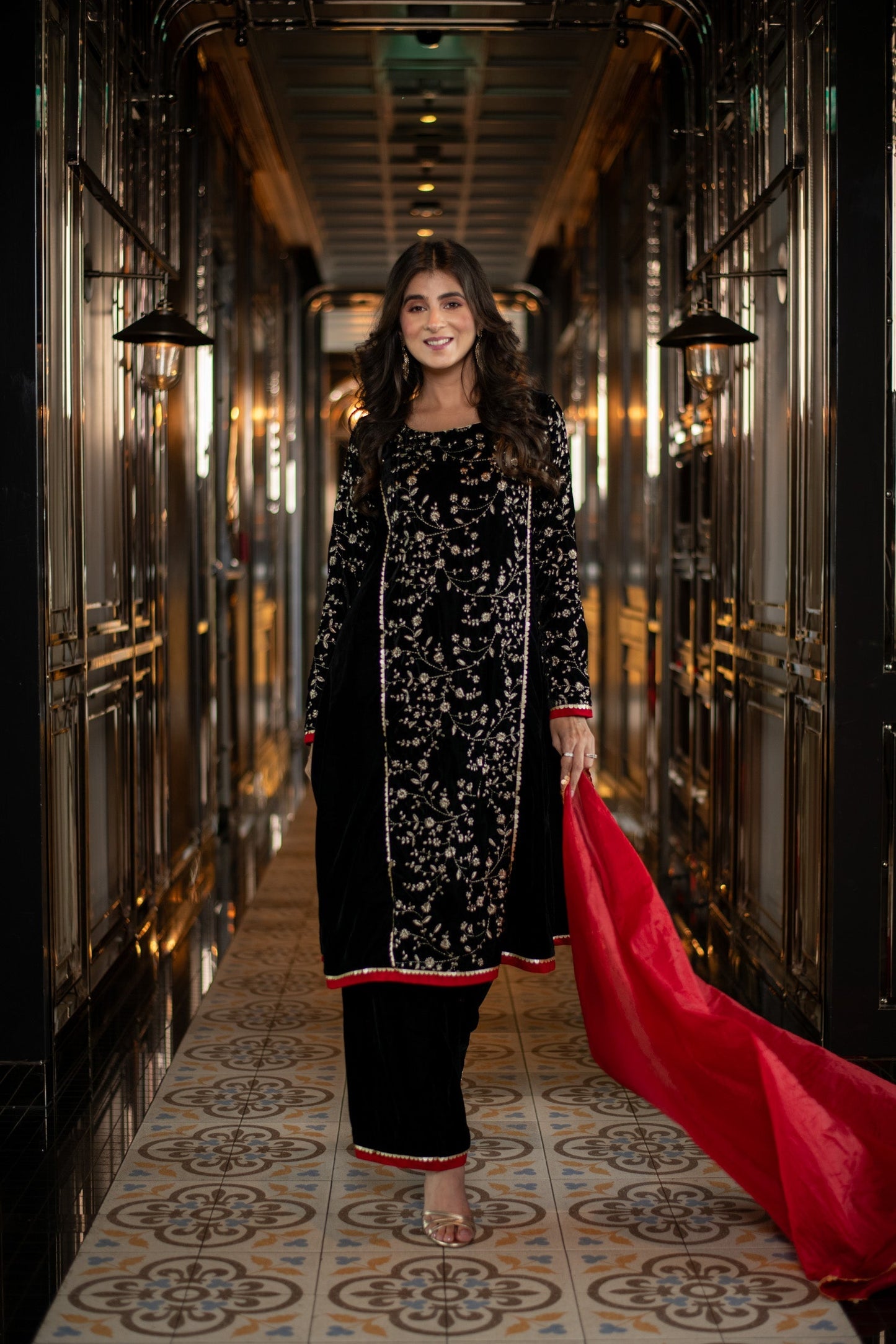 Women's Velvet Black Pannel Kurta Set