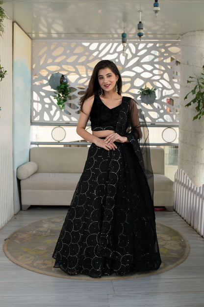 Women's Black Organza Lehenga With Velvet Blouse (3 Pc Set)