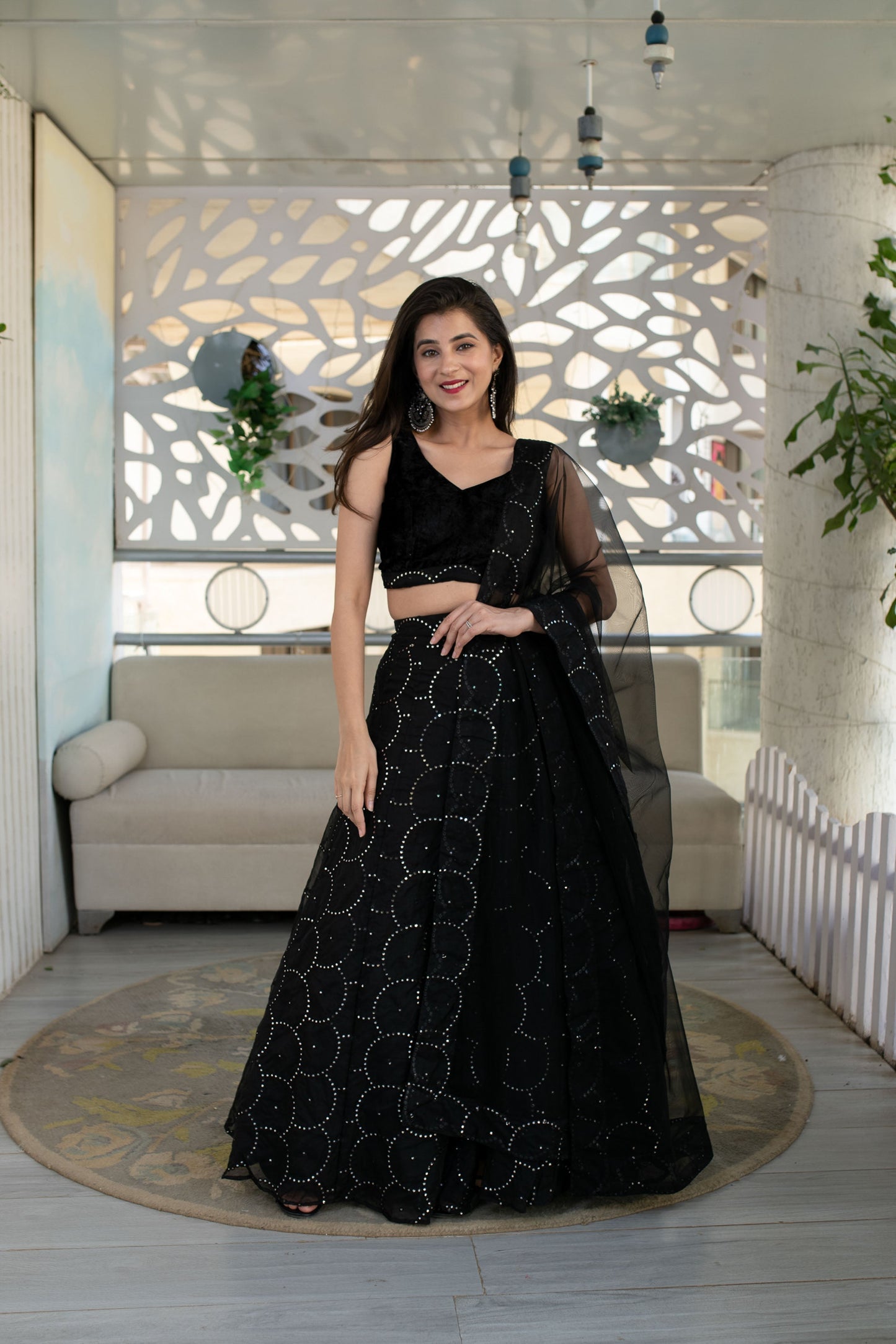 Women's Black Organza Lehenga With Velvet Blouse (3 Pc Set)