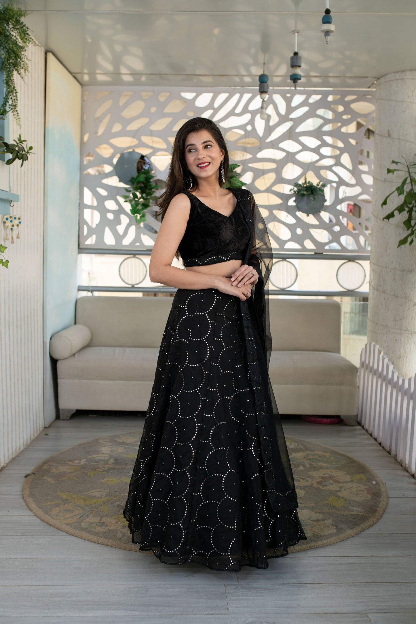 Women's Black Organza Lehenga With Velvet Blouse (3 Pc Set)